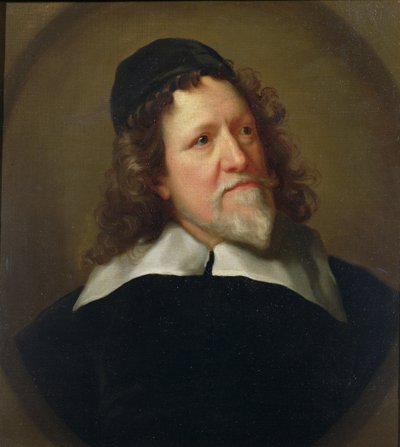 Portret van Inigo Jones met een zwarte tuniek en muts door Jonathan Richardson